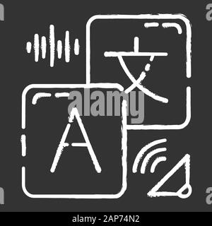 Servizi di traduzione icona chalk. Immediata la traduzione audio. Dizionario online con il suono. Segnale acustico di pronuncia. Esegui il controllo ortografico. Interpretazione della macchina. Illustrazione Vettoriale