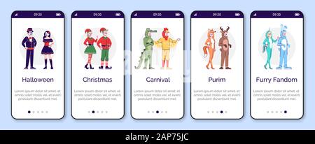 Persone vestite in costumi animale onboarding mobile app schermo template vettoriale. Abbigliamento vacanze in affitto. Procedura dettagliata sito passi, piatto caratteri. Illustrazione Vettoriale