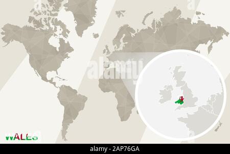 Zoom sulla mappa del Galles e bandiera. Mappa del mondo. Illustrazione Vettoriale
