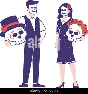 Persone che indossano lo zucchero faccia scull make up e costumi flat illustrazioni vettoriali set. Il dia de los Muertos celebrazione abiti. I personaggi dei cartoni animati con unità organizzativa Illustrazione Vettoriale