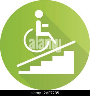 Accesso per la sedia a rotelle green design piatto lungo ombra glifo icona. Accessibile a persone disabili. Rampa per sedia a rotelle segno. Appartamento comfort. Architectural ba Illustrazione Vettoriale