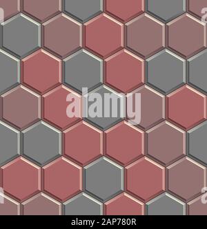 Struttura senza cuciture di piastrelle esagonali per strade in cemento. 3D ripetizione modello di pietre di pavimentazione a nido d'ape rosse e grigie Foto Stock