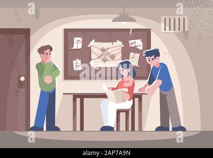 Gli amici di ricerca penale camera piatta illustrazione vettoriale. Donna e uomo studiando la criminalità i personaggi dei cartoni animati. Le persone in fuga detective risolvendo in camera Illustrazione Vettoriale
