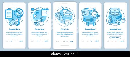 Tipi di diete cheto turchese onboarding mobile app pagina modello di schermo. Ketogenic pasto, alimentazione sana. Bassa carboidrati alimentari. Procedura dettagliata sito passi Illustrazione Vettoriale