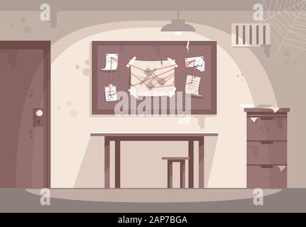 Vuoto armadio di polizia piatta illustrazione vettoriale. Escape room interior. Detective workplace, l'investigazione di reati, risolvere i misteri. Ricerca camera. E moderno Illustrazione Vettoriale