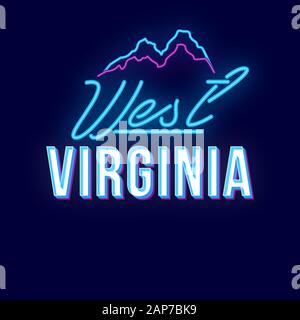 West Virginia vintage vettore 3d caratteri. Retrò grassetto font, il carattere tipografico. La Pop art testo stilizzato. In stile vecchia scuola di luce al neon lettere. 90s poster, striscioni, Illustrazione Vettoriale