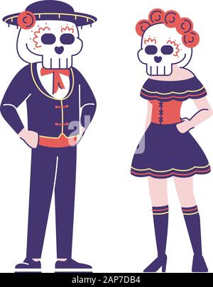 Persone indossando il tradizionale Dia de los Muertos celebrazione costumi flat illustrazioni vettoriali set. I personaggi dei cartoni animati con elementi di contorno isolati su Illustrazione Vettoriale