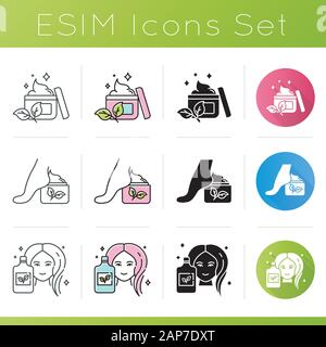 Cosmetici biologici set di icone. Lozione per il piede. Crema per il viso. Eco bodycare prodotti. Shampoo. Cura dei capelli -. Dermocosmesi naturale degli elementi. Design piatto, lineare, nero e Illustrazione Vettoriale