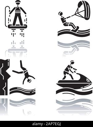 Sport acquatici drop shadow black glifo set di icone. Flyboarding, kiteboarding, cliff diving e jetski. Extreme tipi di sport. Oceano Mare e spiaggia ilo Illustrazione Vettoriale