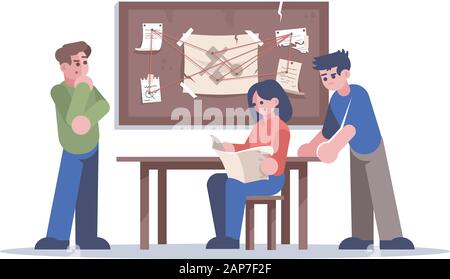 Gli amici di detective camera escape piatta illustrazione vettoriale. Donna e uomo indagine sui reati isolati i personaggi dei cartoni animati su sfondo bianco. In Team Illustrazione Vettoriale