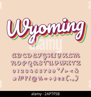 Wyoming vintage vettore 3d caratteri. Retrò grassetto font, il carattere tipografico. La Pop art testo stilizzato. In stile vecchia scuola lettere, numeri, simboli, elementi pack. 90s p Illustrazione Vettoriale
