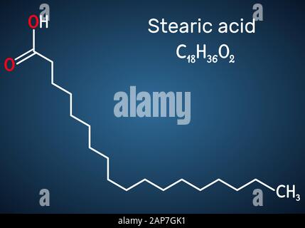 Acido stearico, ottadecanoico, saturo molecola di acido grasso. Formula chimica di struttura su sfondo blu scuro. Illustrazione Vettoriale Illustrazione Vettoriale