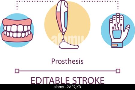 Concetto di protesi icona. Artificiali parti del corpo. La sostituzione di denti perduti e degli arti. Bioingegneria. Riabilitazione amputato idea sottile linea illustrazione. Ve Illustrazione Vettoriale