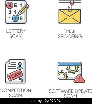 I tipi di truffa le icone a colori set. Lotteria, concorrenza schema fraudolento. Spoofing della posta elettronica. Aggiornamento Software trucco. Malware. La cibercriminalità. Il denaro illecito guadagno. È Illustrazione Vettoriale