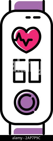Il tracker di fitness con frequenza cardiaca icona di colore. Elegante dispositivo benessere heartbeat con funzione di controllo. App Fitness con pulse, ritmo cardiaco Illustrazione Vettoriale