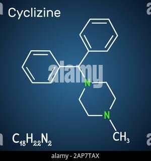 Molecola di Cyclizine. È un antagonista di H1 dell'istamina, è usato per trattare o prevenire la malattia di movimento e la nausea. Formula chimica strutturale su blu scuro Illustrazione Vettoriale