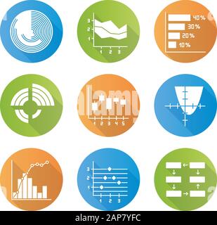 Insieme di icone glyph a forma piatta con disegno grafico e grafico. Istogramma orizzontale. Area cartografica. Curva di funzione. Diagramma radiale. Curva Pareto. Grafico della figura. Illustrazione Vettoriale