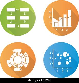 Insieme di icone glyph a forma piatta con disegno grafico e grafico. Collegamento dati, cablaggio. Fasi di avanzamento. Grafico misto. Diagramma radiale Sunburst. Scatter bubbl Illustrazione Vettoriale