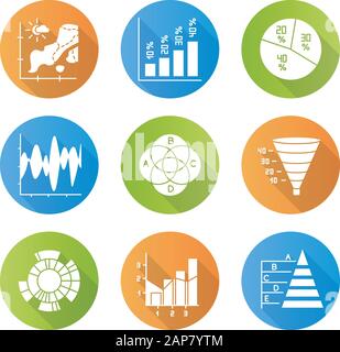 Insieme di icone glyph a forma piatta con disegno grafico e grafico. Mappa della temperatura. Istogramma verticale. Diagramma a torta. Grafico imbuto. Diagramma Venn. Sunburst. Misto Illustrazione Vettoriale