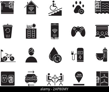 L'appartamento amenità glyph icone set. Servizi residenziali. Comodi cartelli della casa. Lussi per abitanti di abitazione. Comfort della struttura. Silhouette Illustrazione Vettoriale