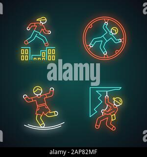 Set di icone per luci al neon per sport estremi. Parkour, attraversando gli ostacoli. Zorbing, equitazione in tutto il mondo. Slacklining, equilibrio di formazione. Discesa, discesa. Alpin Illustrazione Vettoriale