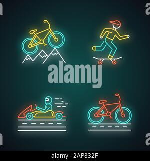 Set di icone per luci al neon per sport estremi. Mountain bike. Cross-country, discesa in bicicletta. Skateboard. Karting, motorsport a ruota aperta. Corsa in bicicletta. Illustrazione Vettoriale
