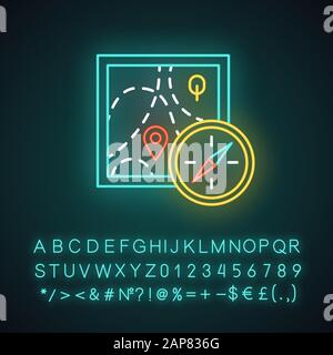 Icona della luce al neon per orienteering dei piedi. Mappa topografica e bussola. Navigazione su terreni sconosciuti. Equipaggiamento di navigazione. Escursioni, tracking. Contrassegnato rou Illustrazione Vettoriale