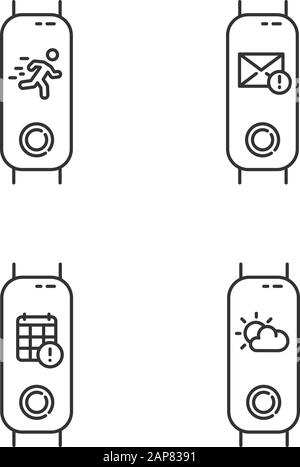 Notifiche del tracker per il fitness icone lineari impostate. Dispositivo benessere con previsioni meteo. Gadget con calendario, promemoria e-mail. Simboli di linea sottile. Isolare Illustrazione Vettoriale