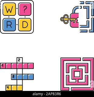 Puzzle e indovinelli colore icone impostato. Partita di lettere mancante. Labirinto, labirinto. Parola A Croce. Giochi di logica. Esercizio mentale. Sfida. Teaser cerebrale. Soluzione Illustrazione Vettoriale