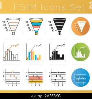 Set di icone grafico e grafico. Modello di marketing imbuto. Piano di conversione. Curva Pareto. Grafico punto e figura. Rapporto finanziario. Design piatto, lineare, nero A. Illustrazione Vettoriale