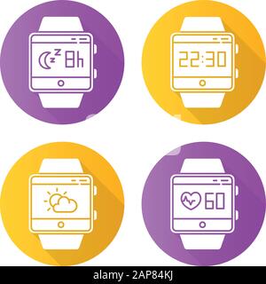 Fitness tracker funzioni flat design lungo ombra glifi icone set. Servizi benessere smartwatch. Monitoraggio della frequenza cardiaca, monitoraggio del sonno, orologio, meteo Illustrazione Vettoriale
