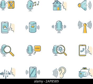 Set di icone a colori blu per il controllo vocale. Idea di richiesta audio. Processo di riconoscimento vocale. Microfono con modalità, apparecchio di registrazione. App con controllo remoto Illustrazione Vettoriale