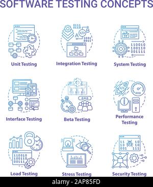 Il testing del software concetto di set di icone. Sistema di verifica perfomance idea sottile linea illustrazioni. Programma delle fasi di sviluppo. Affidabilità, stabilità. V Illustrazione Vettoriale