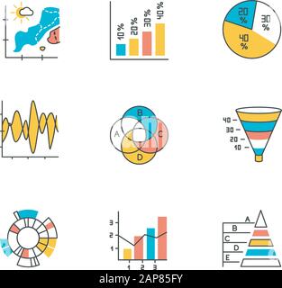 Set di icone a colori per grafici e grafici. Mappa della temperatura. Attività sismica. Istogramma verticale. Diagramma a torta. Grafico imbuto. Diagramma Venn. Grafico Sunburst. Misto Illustrazione Vettoriale