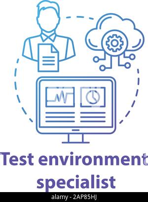 Icona concetto specialista ambiente di test. Illustrazione della linea sottile di idea dello specialista di sviluppo del software. Programma app professionale. Gestione dei progetti IT Illustrazione Vettoriale