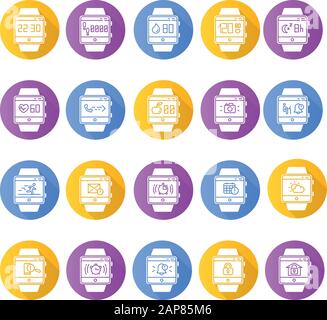 Fitness tracker funzioni flat design lungo ombra glifi icone set. Fascia da polso servizi benessere smartwatch. Applicazioni di salute, monitoraggio del sonno, trac Illustrazione Vettoriale