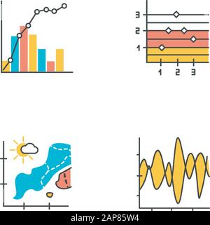 Set di icone a colori per grafici e grafici. Mappa della temperatura. Grafico punto e figura. Presentazione dell'attività sismica. Grafico misto con istogramma ed elemento lineare Illustrazione Vettoriale