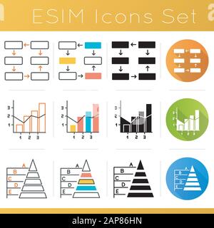 Set di icone grafico e grafico. Collegamento e schema elettrico. Grafico misto. Gerarchia piramidale. Organizzazione aziendale. Economia. Design piatto, lineare, nero A. Illustrazione Vettoriale