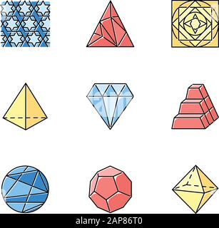 Set di icone a colori delle figure geometriche. Forme astratte. Forme isometriche. Ornamento geometrico. Triangolo poligonale. Modello PRISM. Doppia piramide. Ornamentale Illustrazione Vettoriale