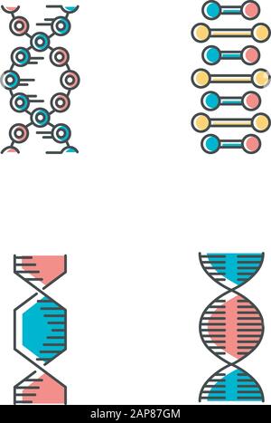 Set di icone a colori per catene a spirale DNA. Elica di acido nucleico deossiribonucleico. Trefoli spiralanti. Cromosoma. Biologia molecolare. Codice genetico. Genoma. Genet Illustrazione Vettoriale