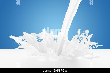 Latte versato, schizzi in piscina di latte isolato su sfondo blu - 3D illustrazione Foto Stock