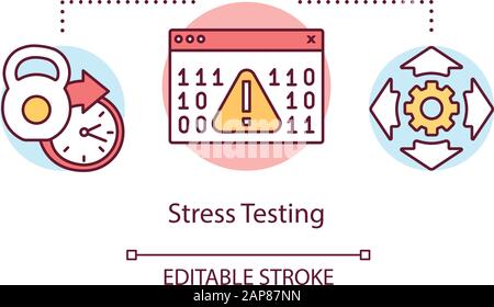 Icona del concetto di test di stress. Esaminare l'illustrazione della linea sottile dell'idea di stabilità. Processo di test del software. Indicazione di problemi e problemi. Vettore isolato Illustrazione Vettoriale