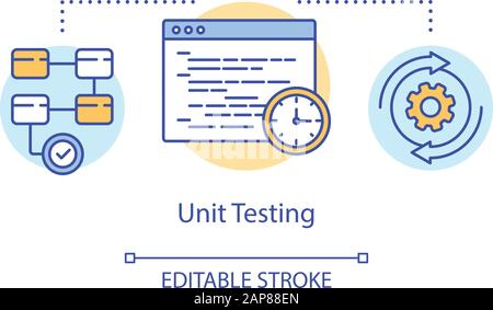 Icona concetto di unit test. Esaminare l'illustrazione della linea sottile del componente del programma del computer. Processo di test del software. Indicazione di problemi e problemi. V Illustrazione Vettoriale