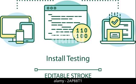 Icona del concetto di test di installazione. Esaminare l'illustrazione della linea sottile dell'idea di lavoro del programma. Processo di test del software. Indicazione di problemi e problemi. Isola vettoriale Illustrazione Vettoriale