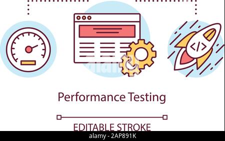 Icona del concetto di test delle prestazioni. Esaminare l'idea di funzionalità del computer nell'illustrazione della linea sottile. Processo di test del software. Indicazione di problemi e problemi Illustrazione Vettoriale