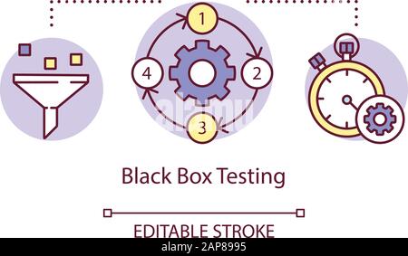 Icona del concetto di test della scatola nera. Esaminare l'idea di funzionalità del computer nell'illustrazione della linea sottile. Processo di test del software. Indicazione di problemi e problemi. Illustrazione Vettoriale