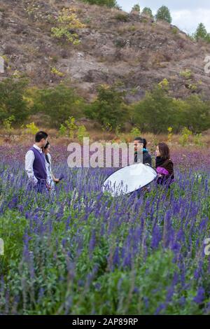 Una coppia cinese che fa scattare una foto pre-matrimonio in un bellissimo paesaggio di campi di lavanda. Pechino, Cina. Foto Stock