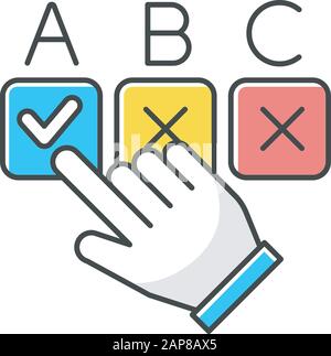 Scegliere l'icona del colore dell'opzione. Casella di controllo prelievo manuale. Selezione della risposta. Prendere una decisione. Sondaggio online. Feedback anonimo. Fare clic sul pulsante Write (Scrivi). Votazioni, q Illustrazione Vettoriale