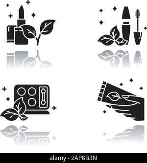 Cosmetici organici goccia ombra nero glyph icone set. Rossetto. Tubo del mascara. Kit per ombretto. Crema mani. Articoli eco-trucco. Cura Della Pelle. Bellezza naturale pro Illustrazione Vettoriale