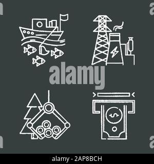 Tipi di settore icone gesso set. Pesca, energia, legname, settori finanziari dell'economia. Sfere di affari. Produzione di beni e servizi. vecto isolato Illustrazione Vettoriale